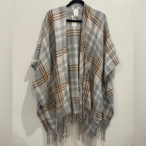 Three Dots Plaid Fringe Poncho in Gray and Brown